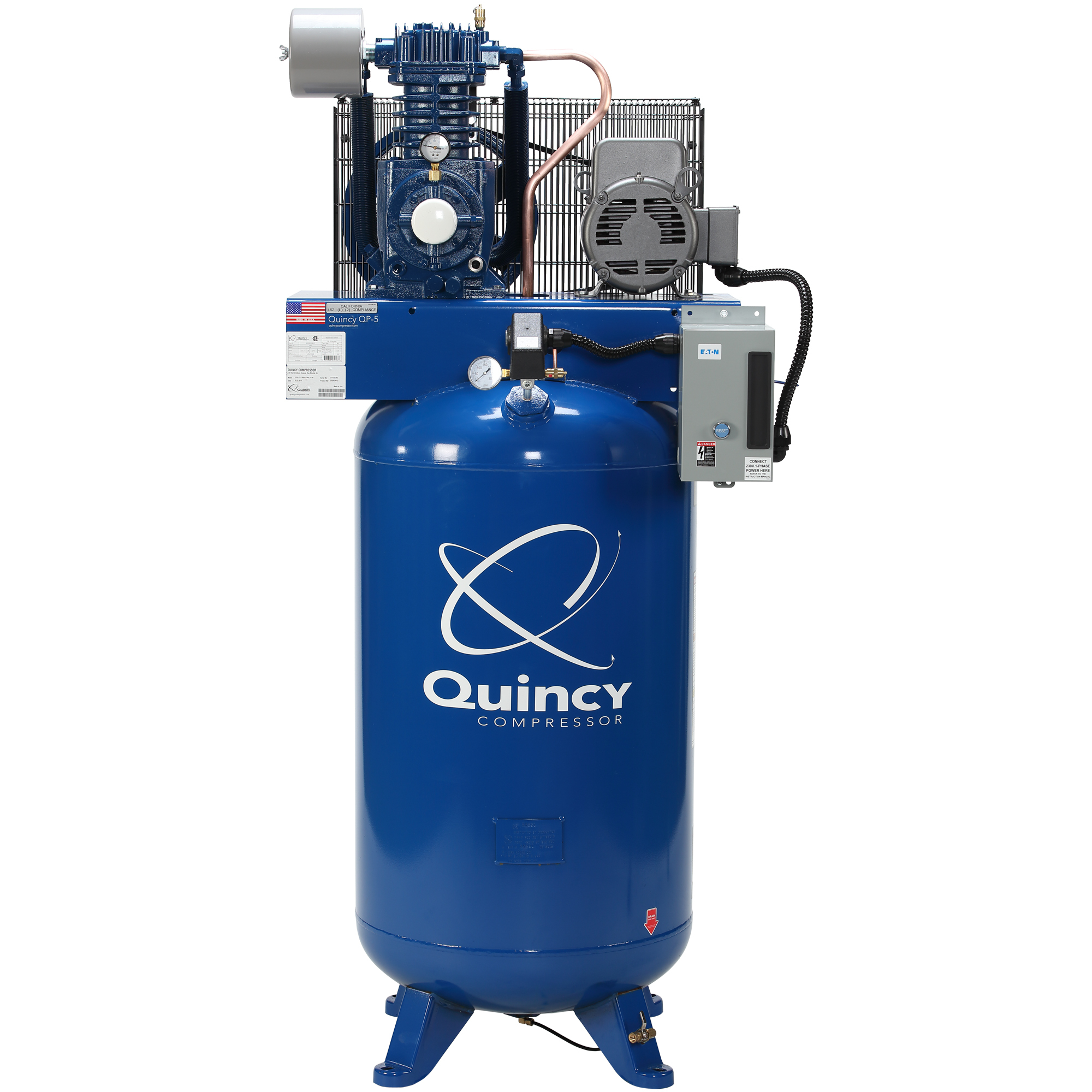 Quincy Compressor, QP 5H 80G 2Stg Air Compressor 230V 1ph Vert PRO, Horsepower 5 HP, Air Tank Size 80 Gal, Volts 230 Model# 551CS80VCB